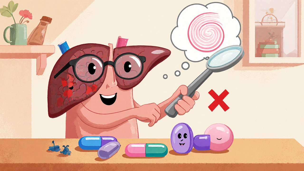 A cartoon liver examines pills labeled fluoxetine, warfarin, and diphenhydramine, each marked with a red X.