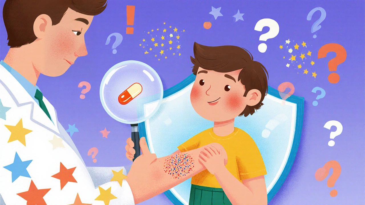 A child cautiously takes a pill again as the same rash reappears under a magnifying glass.