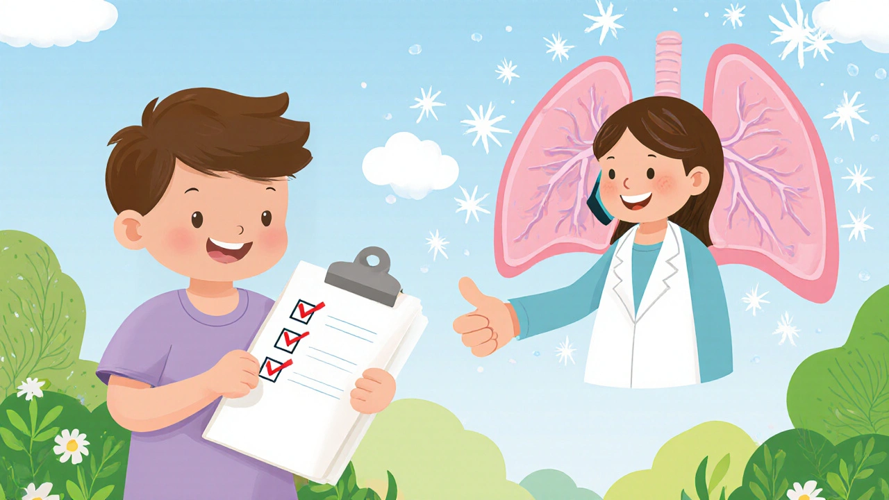 A child checks off a notebook checklist while a pharmacist gives a thumbs‑up, with happy lungs in the background.