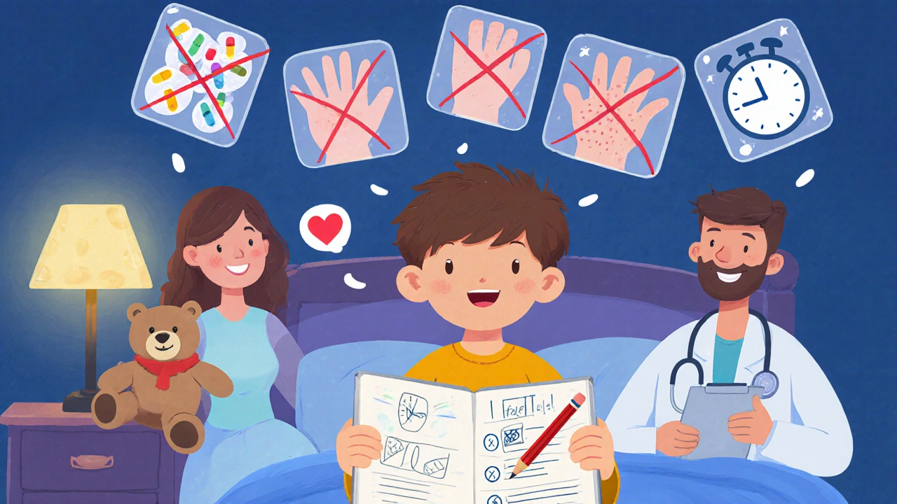 A child tracks medicine effects in a journal, crossing out pills until one is identified.