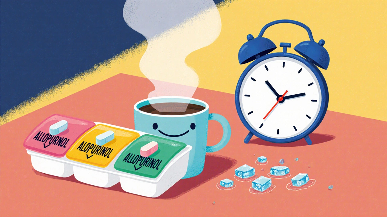 A labeled pill organizer next to a coffee mug, with dissolving crystals and a smiling alarm clock.