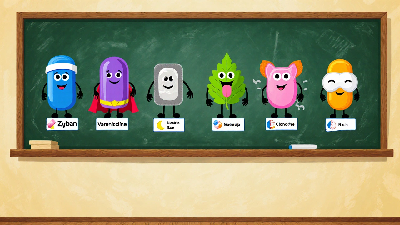 Cartoon characters of Zyban, Varenicline, patch, gum, Cytisine, and Clonidine explain their effects.