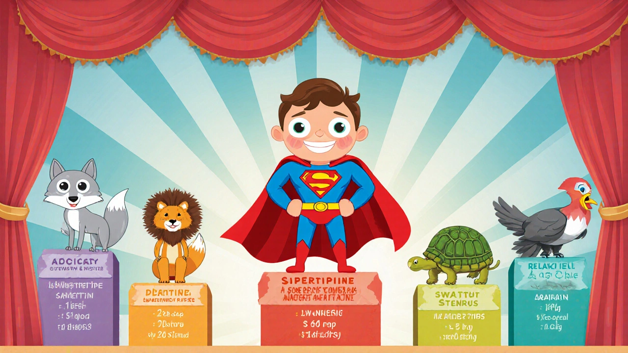 Cartoon medication characters on podium comparing onset, duration, price, with Super Avana as hero.