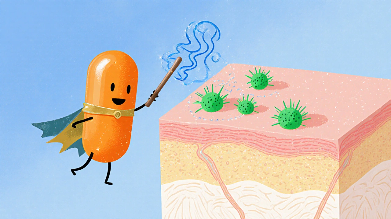 Cartoon pill superhero stops fungal spores from dividing in skin.
