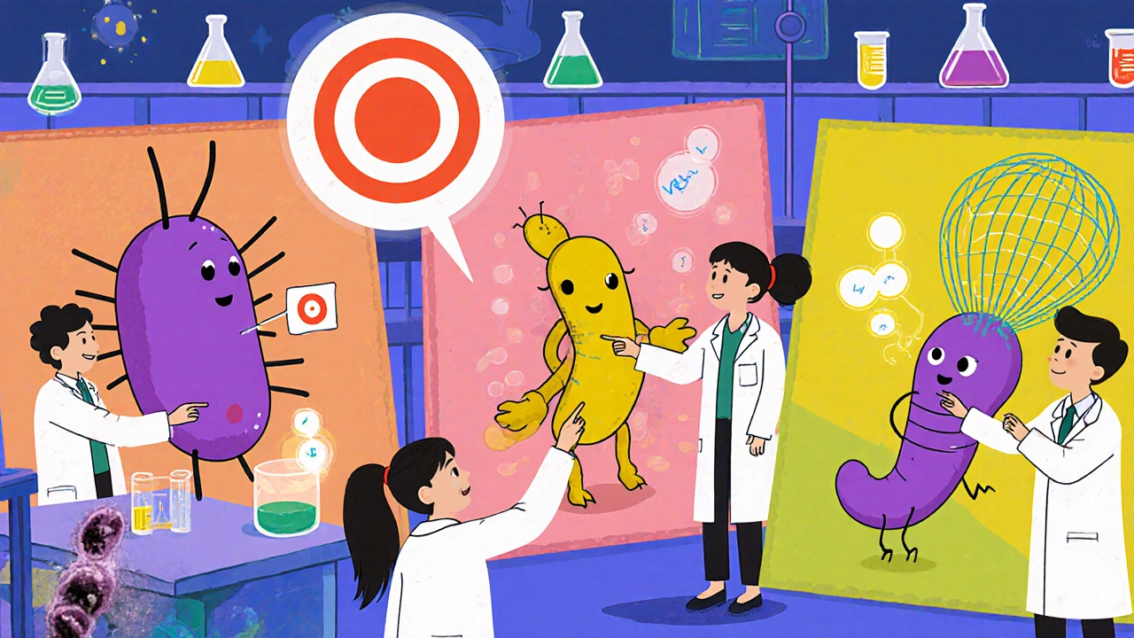 Cartoon scientists targeting malaria sporozoite, hookworm, and schistosome in a playful lab.