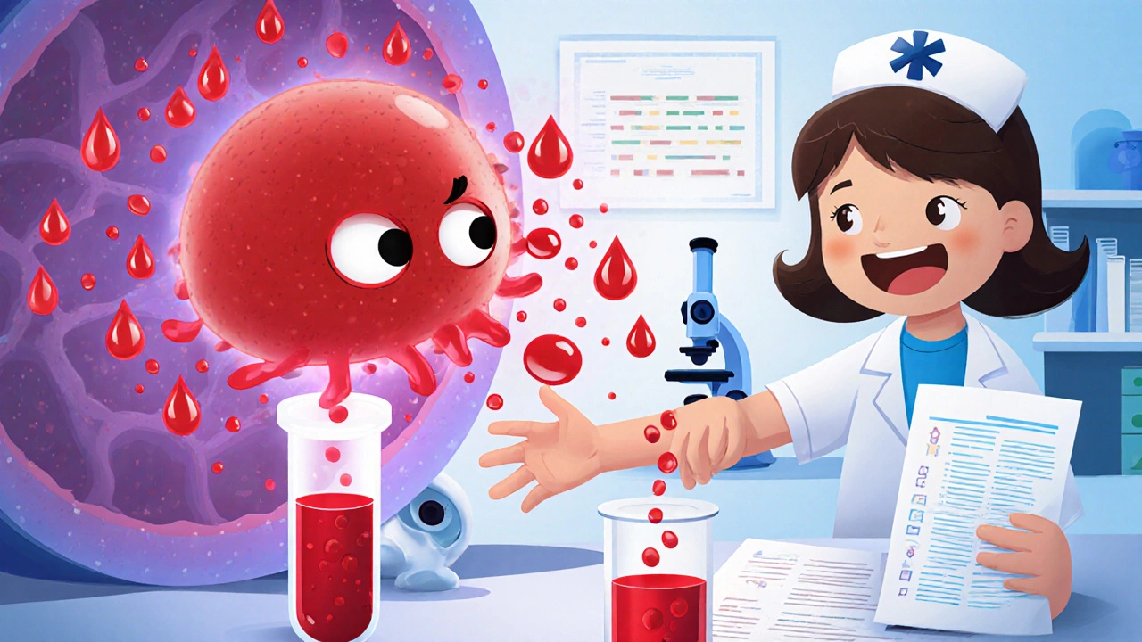 Cartoon tumor releases red calcitonin droplets while a nurse draws blood into a glowing test tube in a lab.