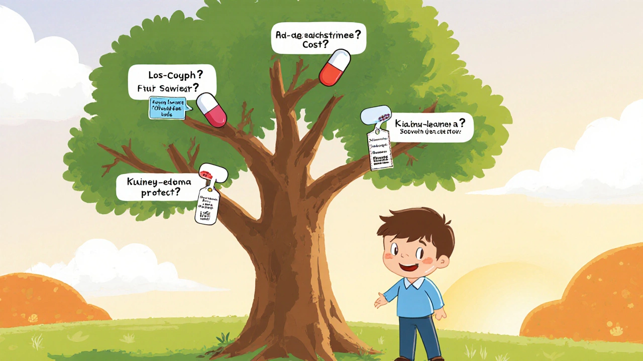 Child at a decision tree with branches leading to different medication characters.