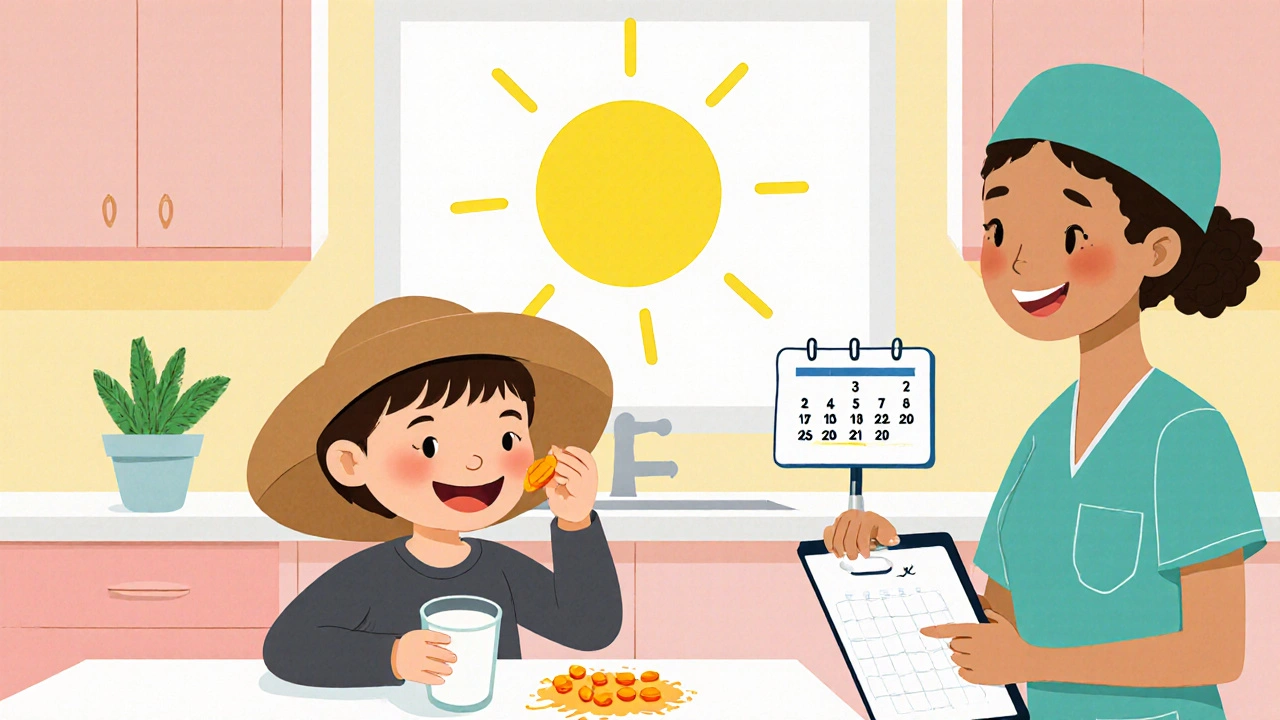 Child taking medicine with milk, applying sunscreen, and seeing a doctor.