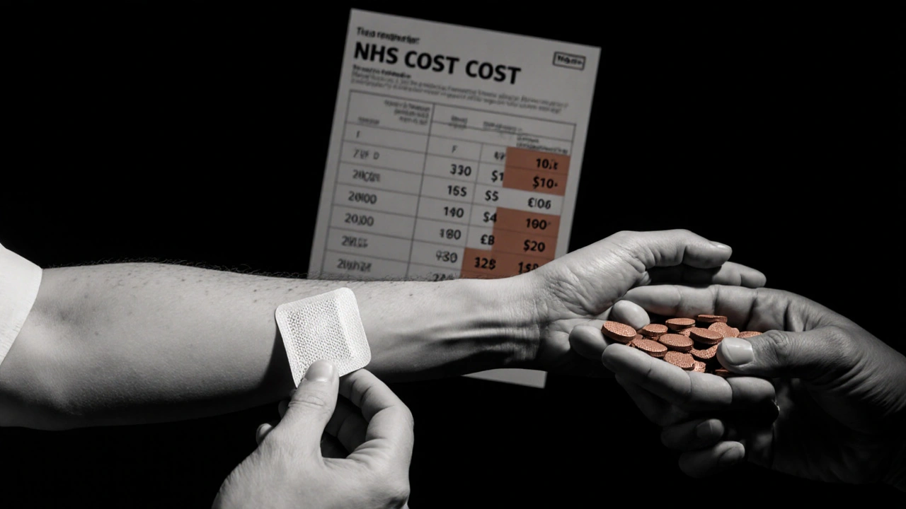 Contrast image of a hand applying a patch while another holds tablets, with faint cost chart background.