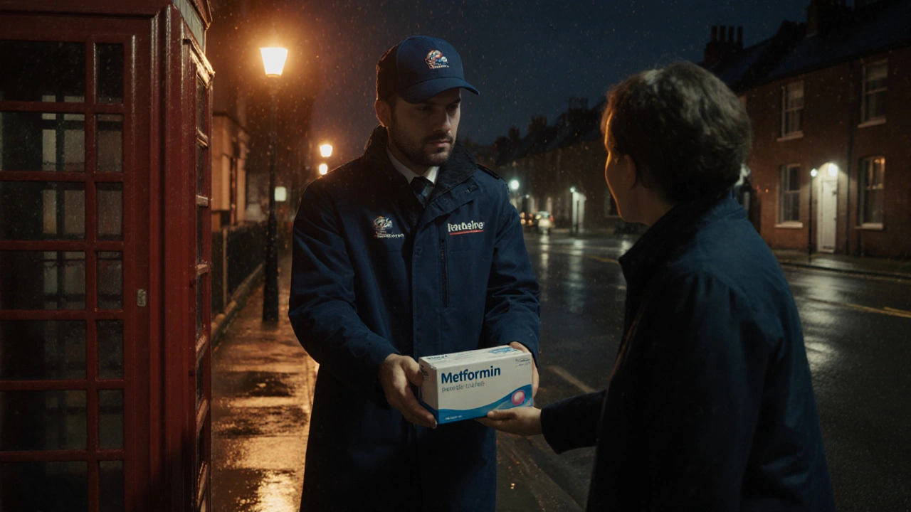 Delivery person handing a sealed medication box to a person at a UK front door.