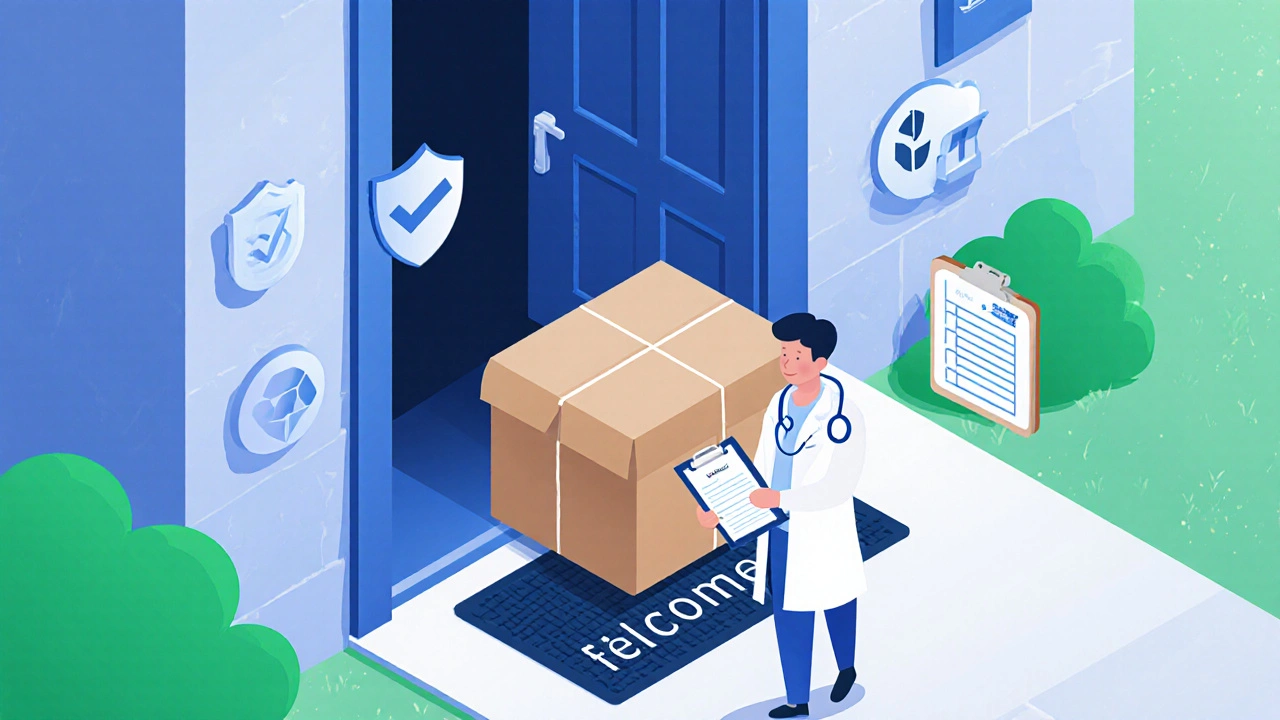Discreet medication box delivered to doorstep with pharmacist avatar and safety icons.