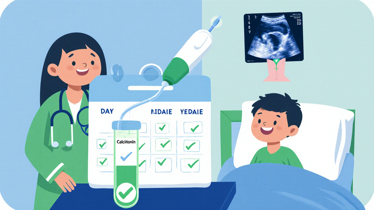 Doctor and child review a calendar with checkmarks, a glowing test tube, and an ultrasound probe monitoring the neck.