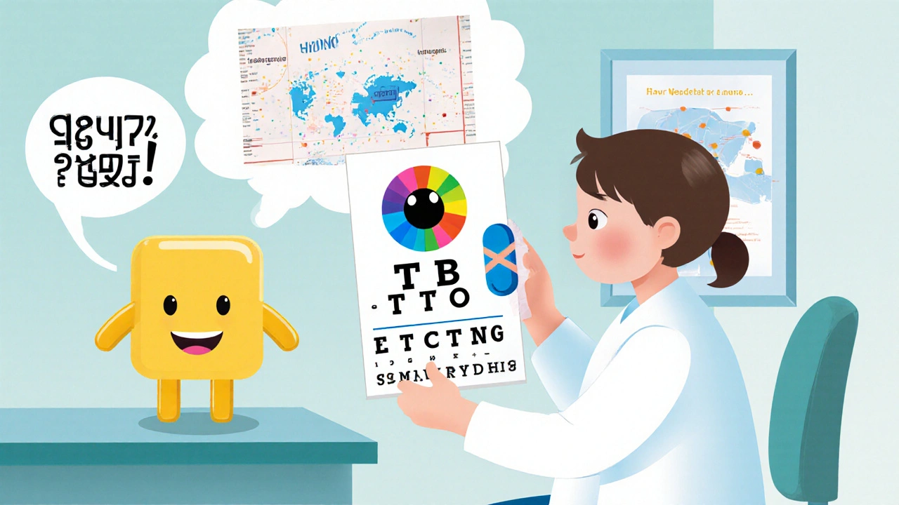 Doctor checking a child's vision with an eye chart, showing Ethambutol risk and fluoroquinolone alternative.