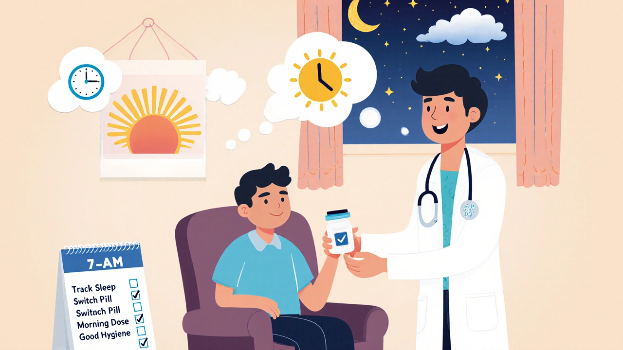 Doctor gives patient a new pill; checklist and calm night sky illustrate sleep tips.