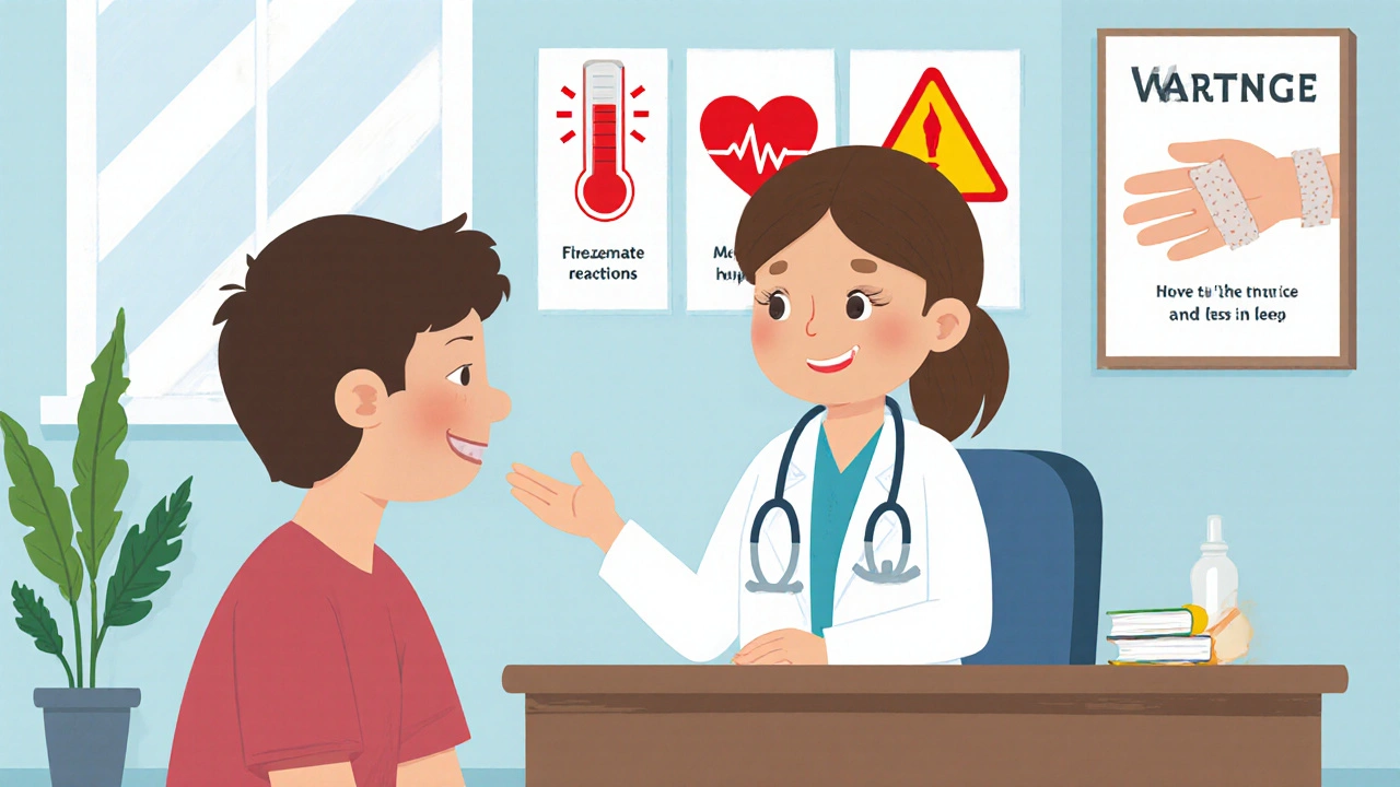 Doctor talking to a worried teen about serious fluoxetine reactions in a calm office.