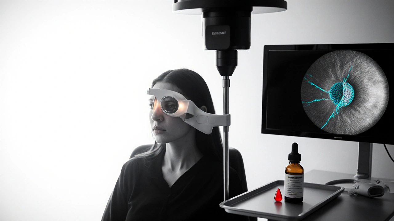 Eye exam with tonometer, OCT screen showing macula, and eye‑drop bottle.