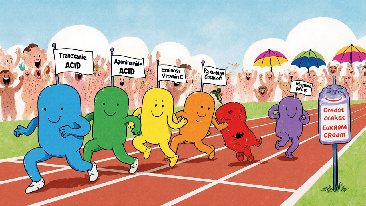 Five colorful skincare ingredients racing on a track, while Eukroma Cream trips over a warning sign.