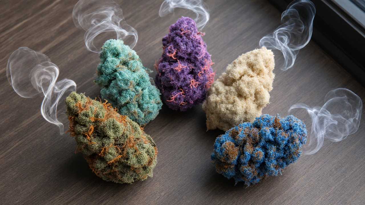 Five varied cannabis buds arranged with colored vapor indicating different strains and terpenes.