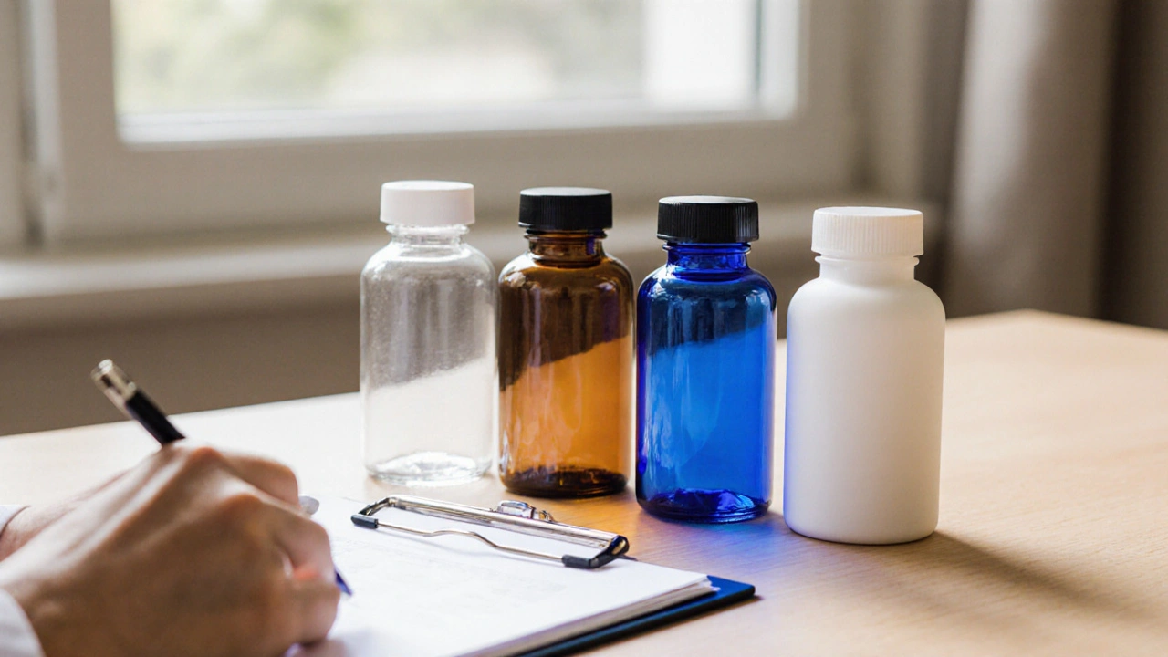 Four different medication bottles displayed on a wooden surface with a doctor&#039;s hand nearby.