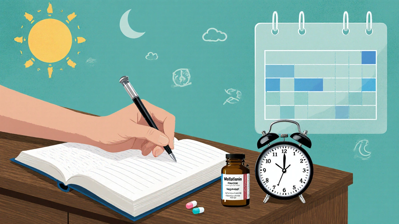 Hand writing in a sleep diary beside a melatonin bottle and alarm clock.