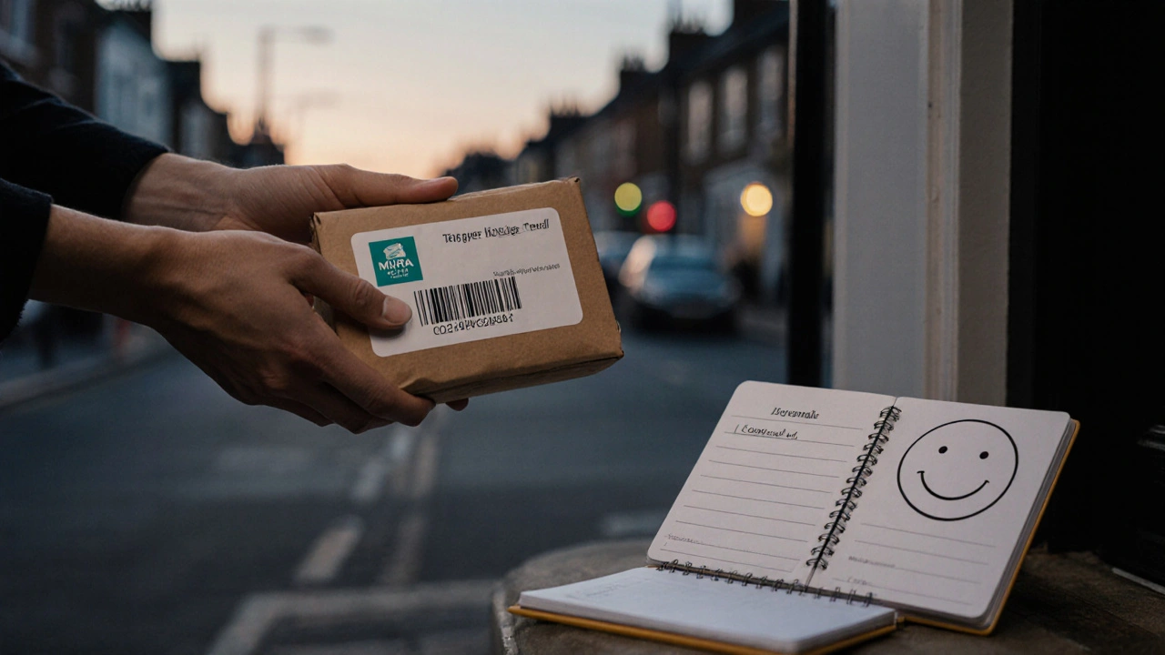 Hands receiving a discreet parcel with MHRA seal next to a medication diary.