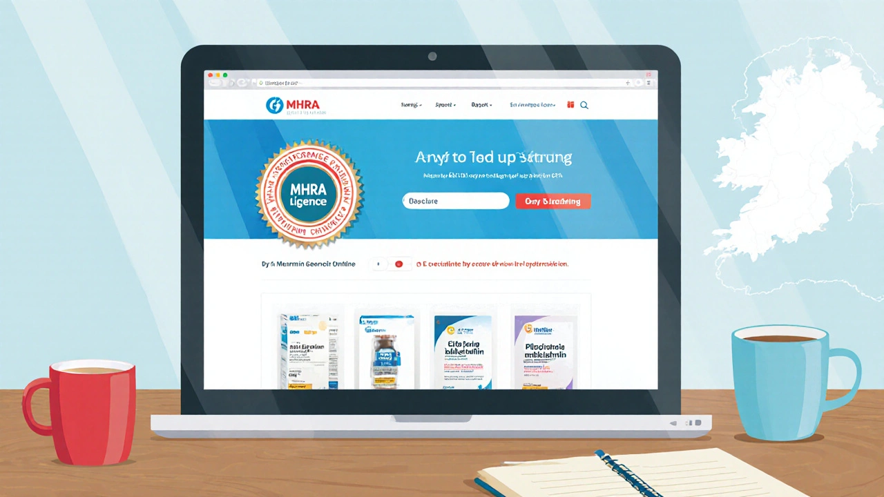 Illustration of a laptop showing a pharmacy site with MHRA seal and upload button.