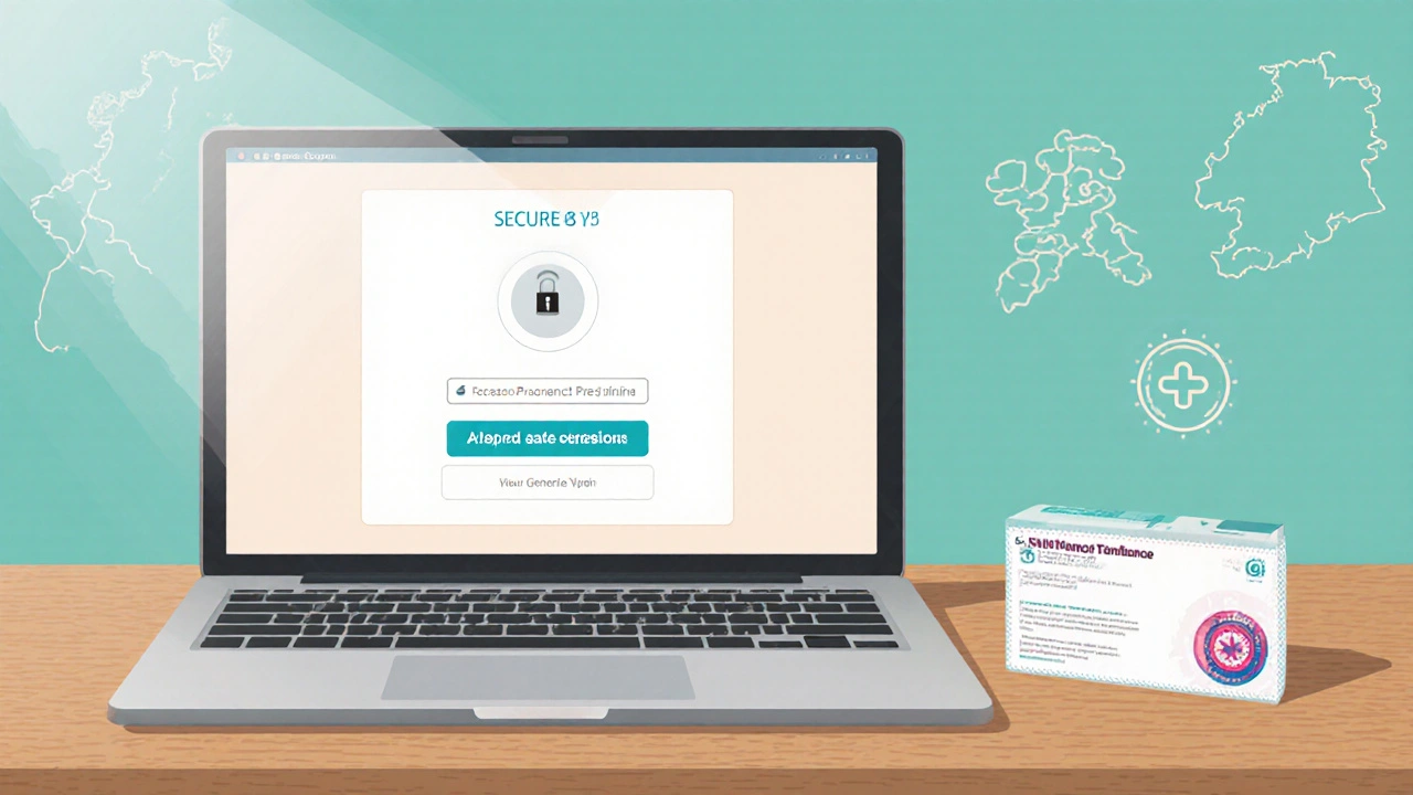 Illustration of a laptop with a secure lock icon and a generic pill pack on a table, showing online ordering.