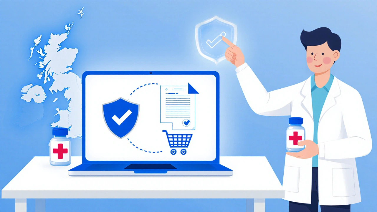 Illustration of laptop screen showing verification badge, prescription icon, and shopping cart with pharmacist.