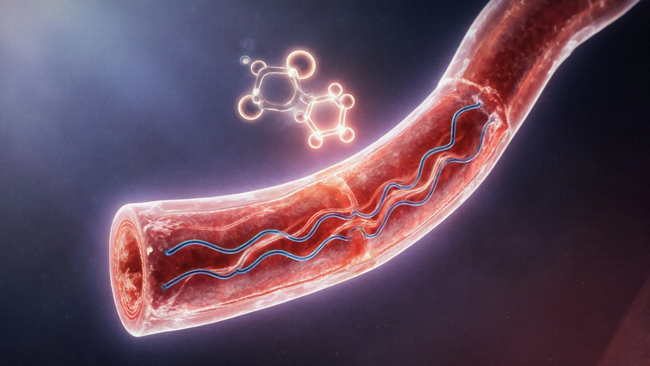 Illustration of penile blood flow with a floating sildenafil molecule showing vasodilation.