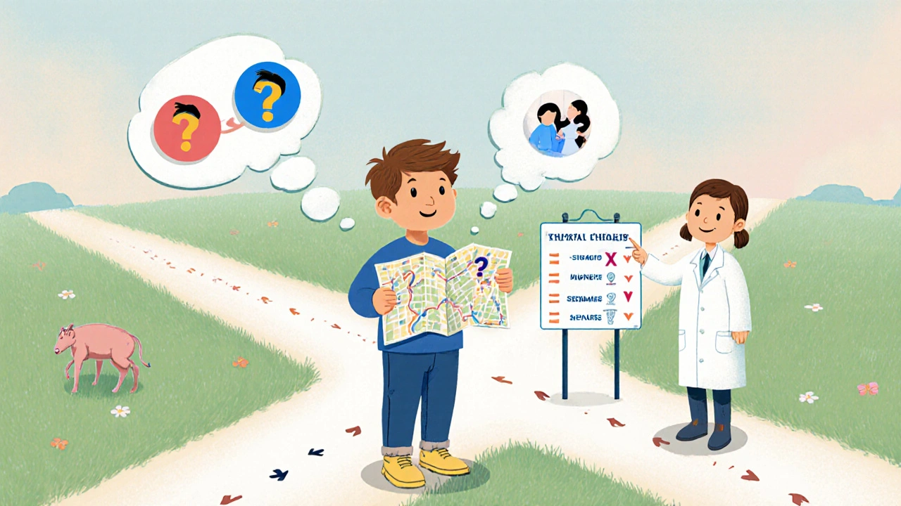 Man at crossroads with thought bubbles, doctor pointing to chart showing treatment choices.