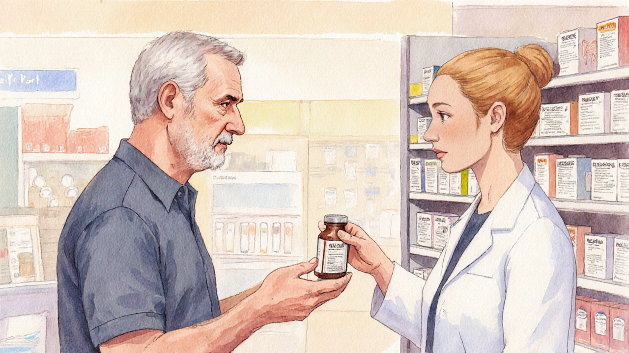 Man in pharmacy aisle looking at medication as pharmacist offers a bottle, suggesting choice.