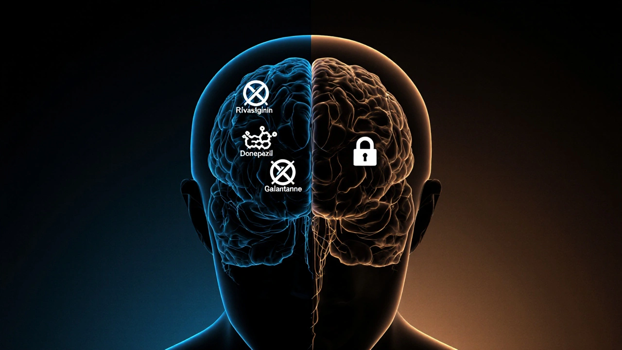 Monochrome brain split showing blue acetylcholine pathways and amber glutamate activity.