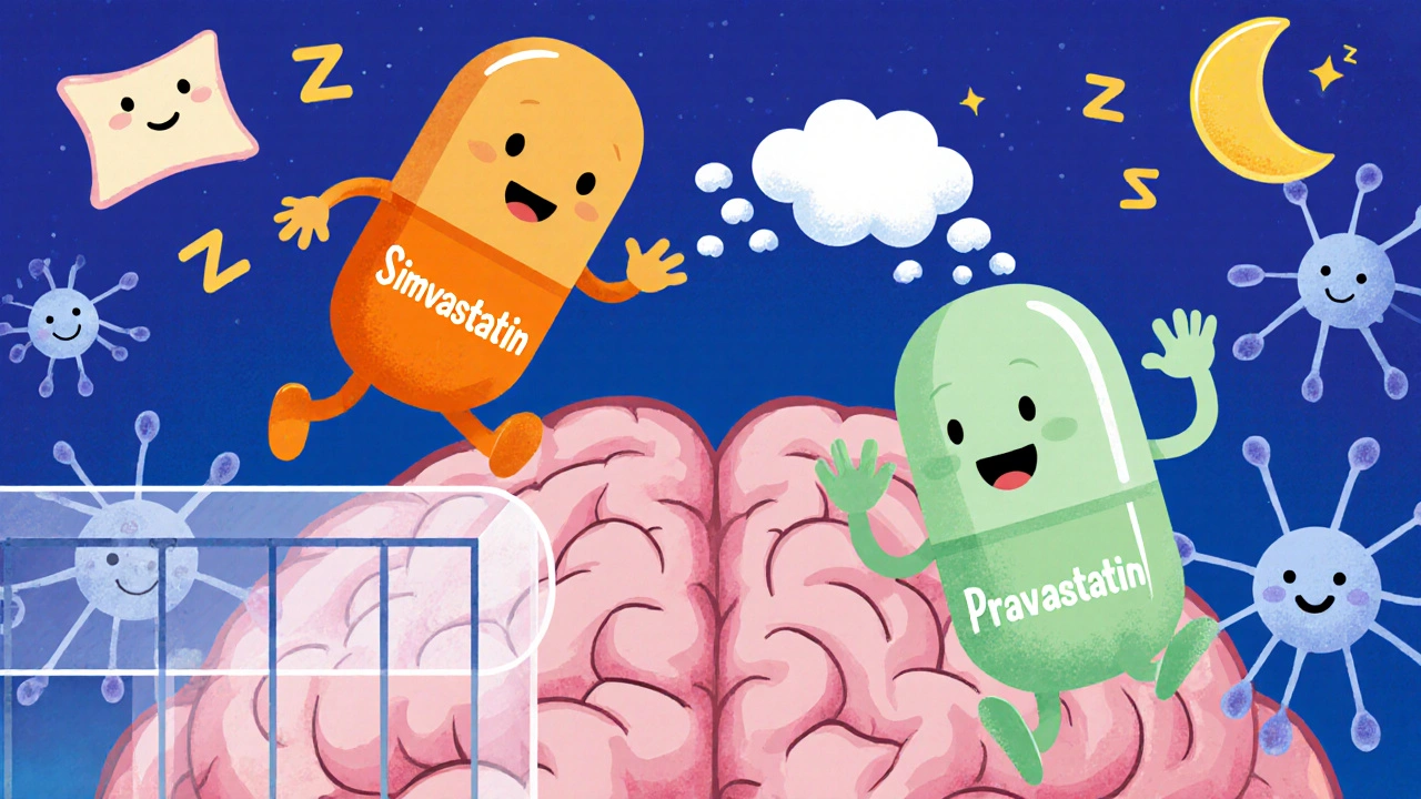 Orange Simvastatin pill jumps across a brain barrier while green Pravastatin stays outside.