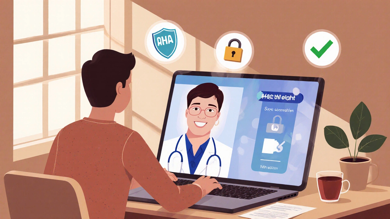 Person on a laptop video call with doctor, surrounded by MHRA shield, lock, and checkmark icons.