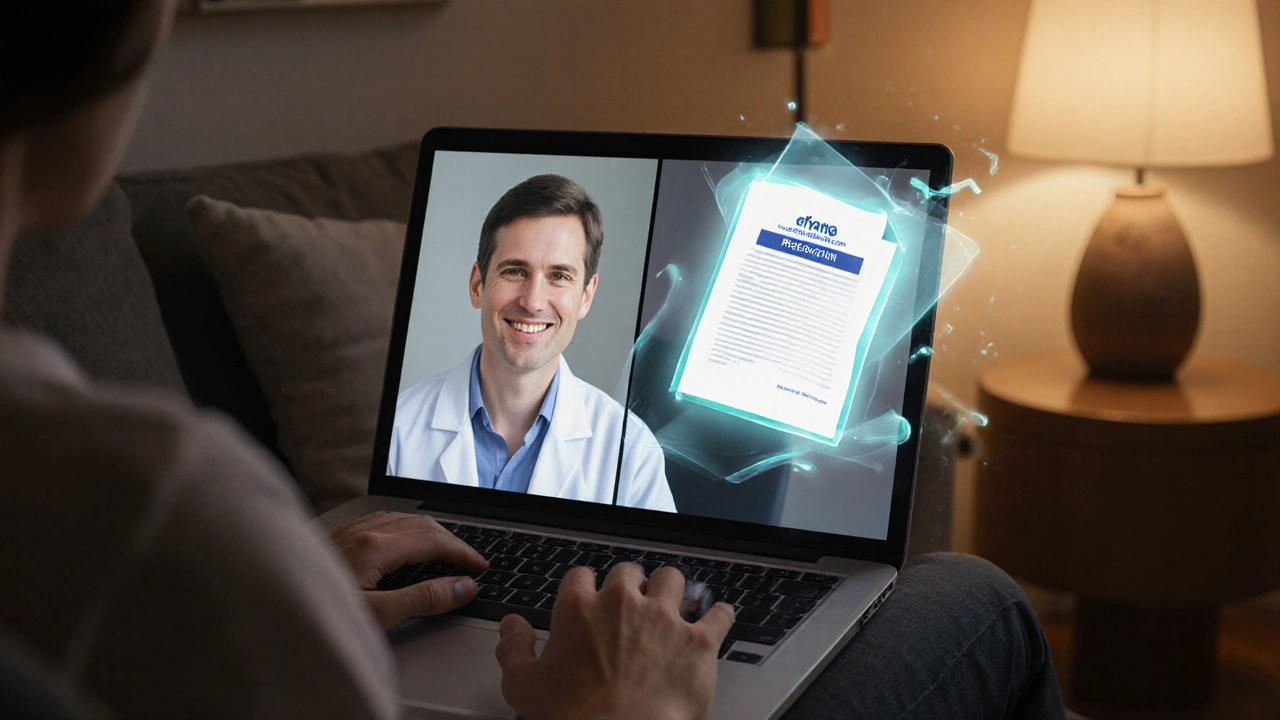 Person on couch video‑calling a doctor while a digital prescription is transmitted.