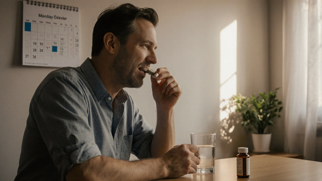 Person taking a single pill with water at a kitchen table, calendar shows one marked day.