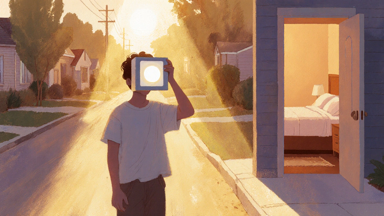 Person using a light‑therapy box at sunrise with a dim bedroom in the background.
