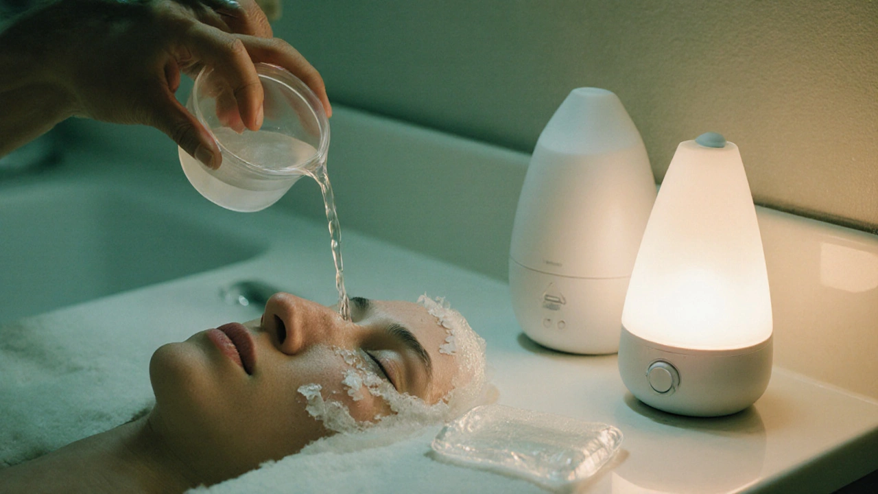 Person using a neti pot, eye compress, and humidifier for nasal and eye relief.