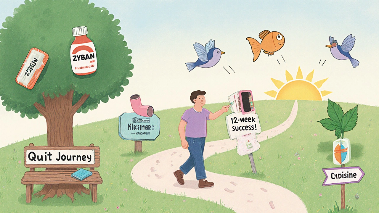 Person walks a path with signs for different quit‑smoking tools and a guide pointing ahead.