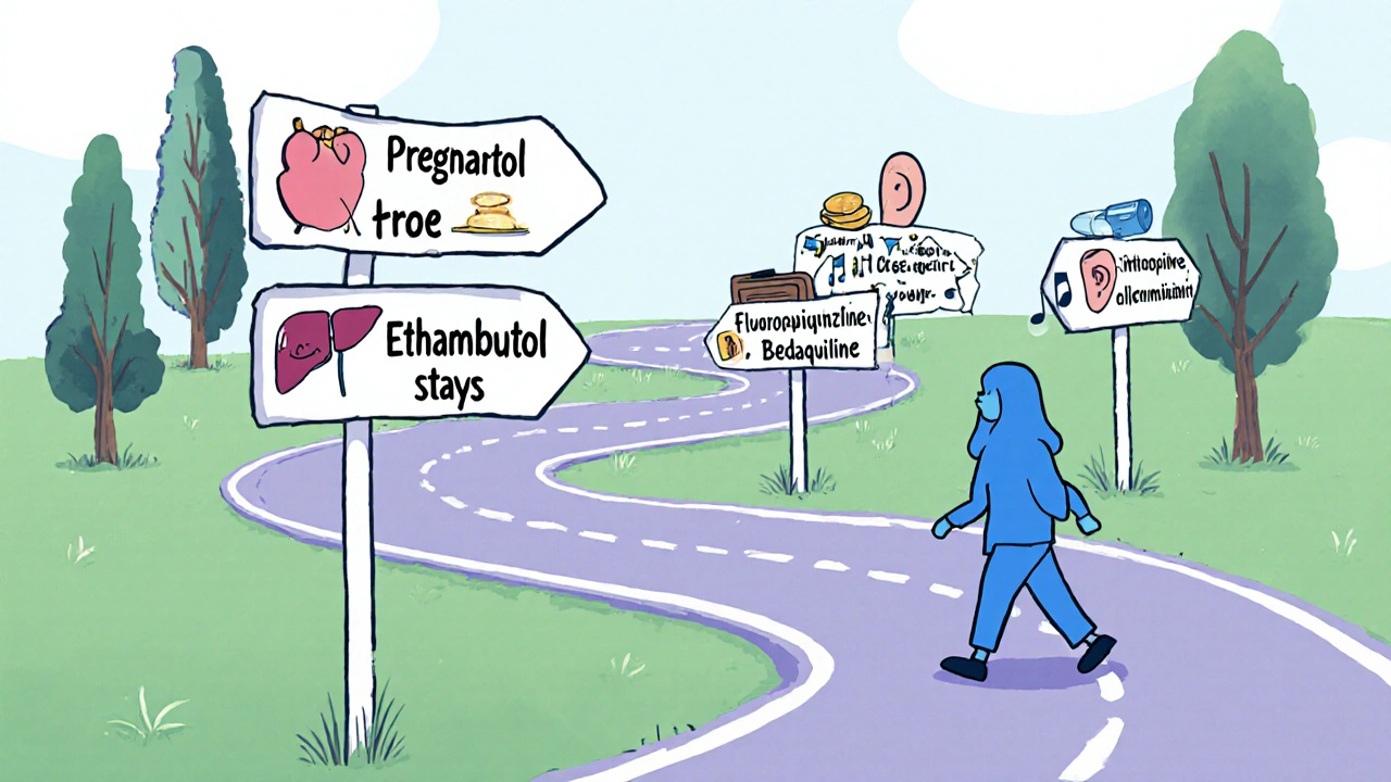 Playful road map with signs for pregnancy, cost, liver health, guiding drug choices.