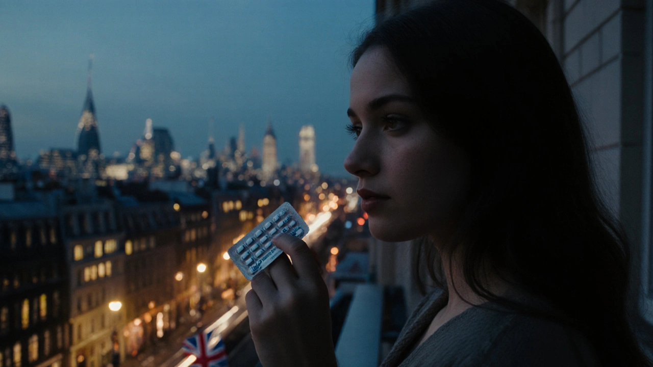 Portrait of a woman on a balcony at dusk holding a generic pill pack with London skyline behind.