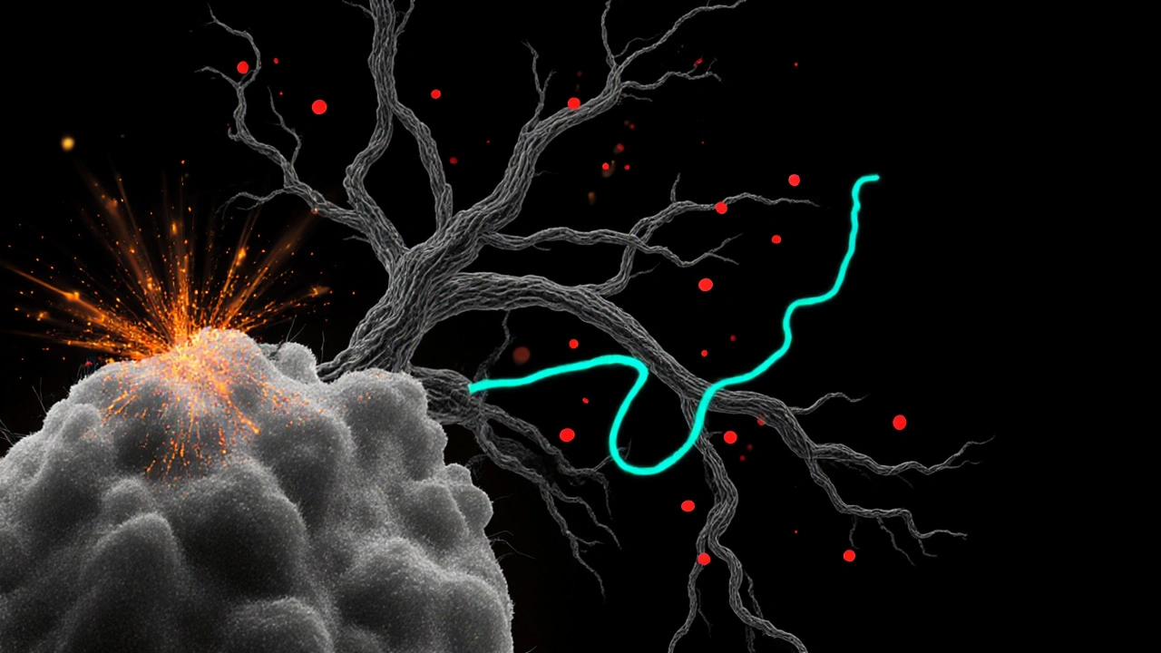Retinal illustration with oxidative stress sparks, inflamed vessels, and leakage.
