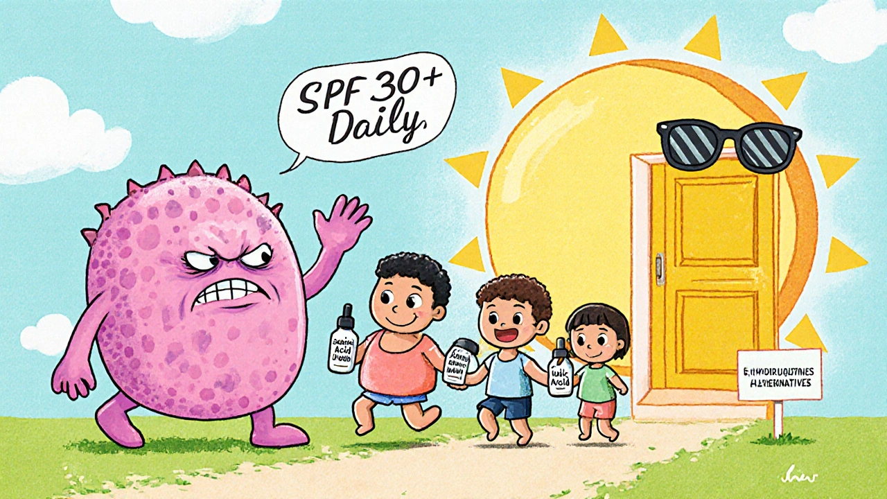 Skin cells waving goodbye to a melanin monster as they enter a door marked &#039;Safe Alternatives&#039; with sunscreen sun watching.