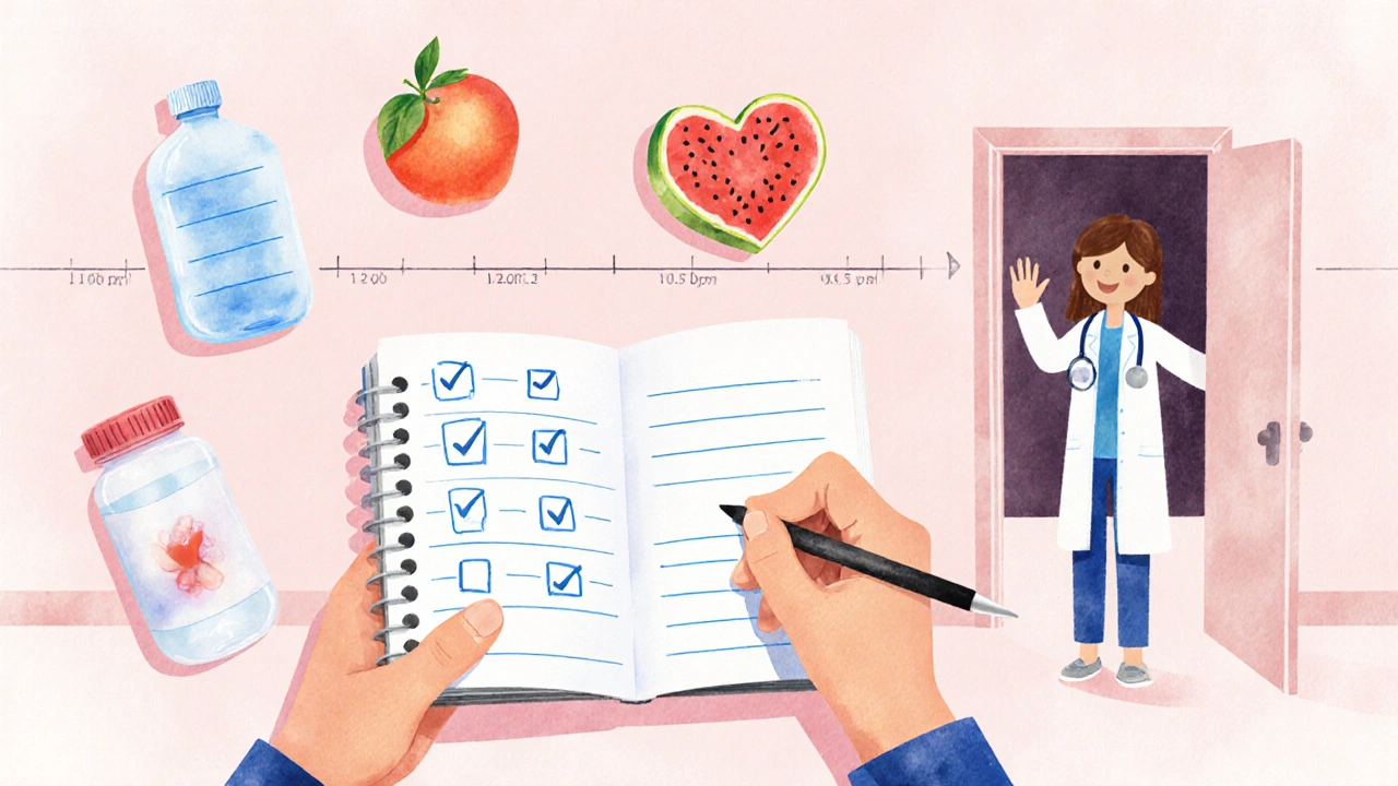 Someone tracking their pill intake with a notebook, surrounded by symbols of hydration, healthy food, and healing joints.