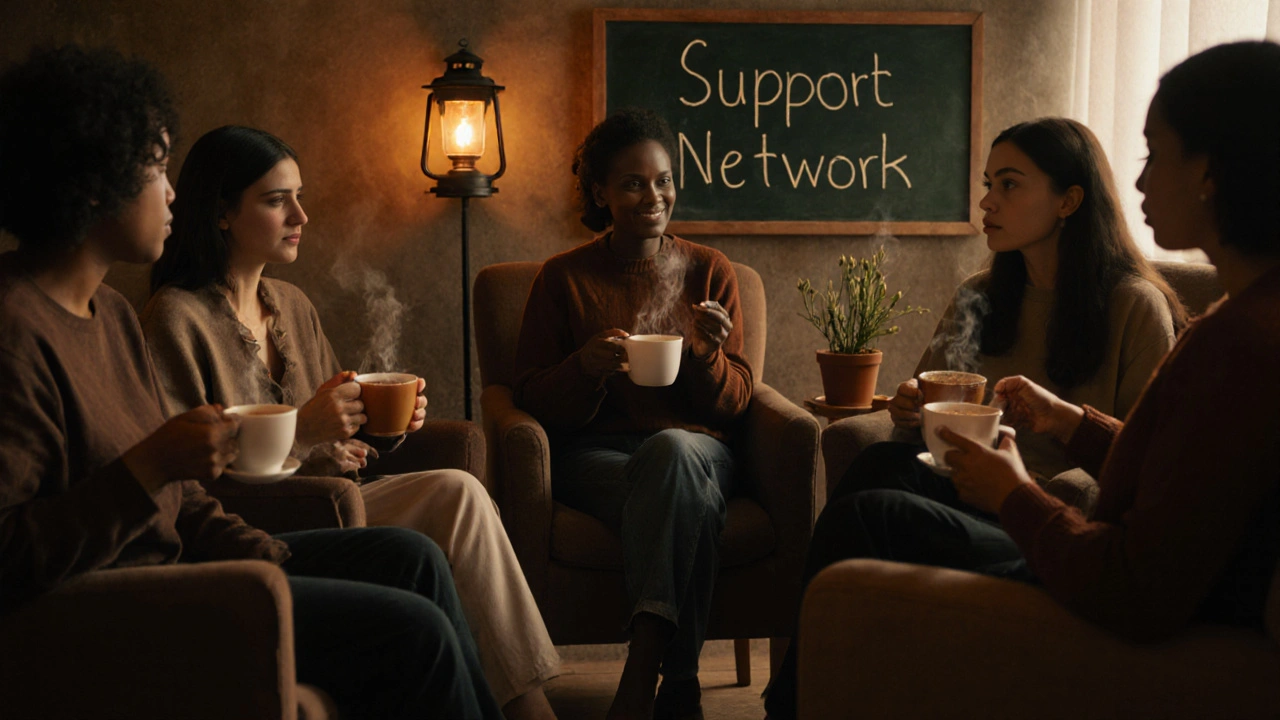 Support group of women in a cozy room with tea and a plant representing fertility.