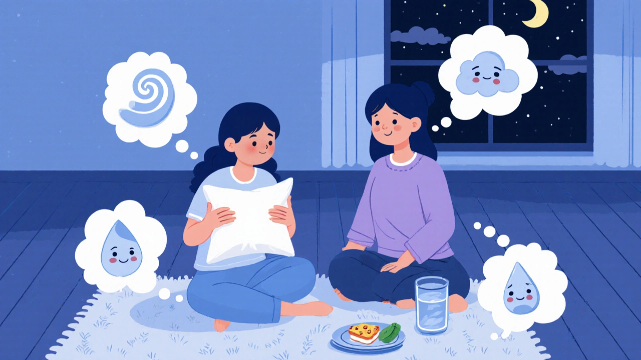 Teen and parent managing side effects with snack, water, and friendly symptom icons.