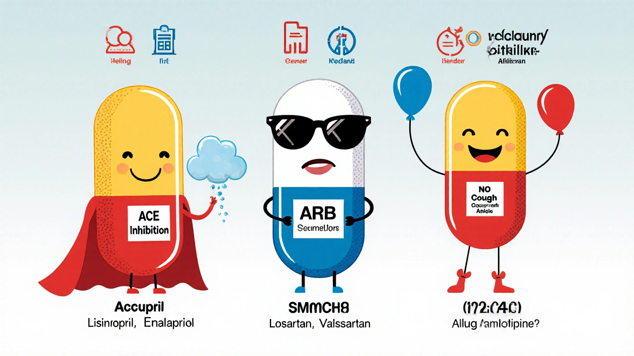 Three pill characters representing ACE inhibitor, ARB, and calcium‑channel blocker with icons.