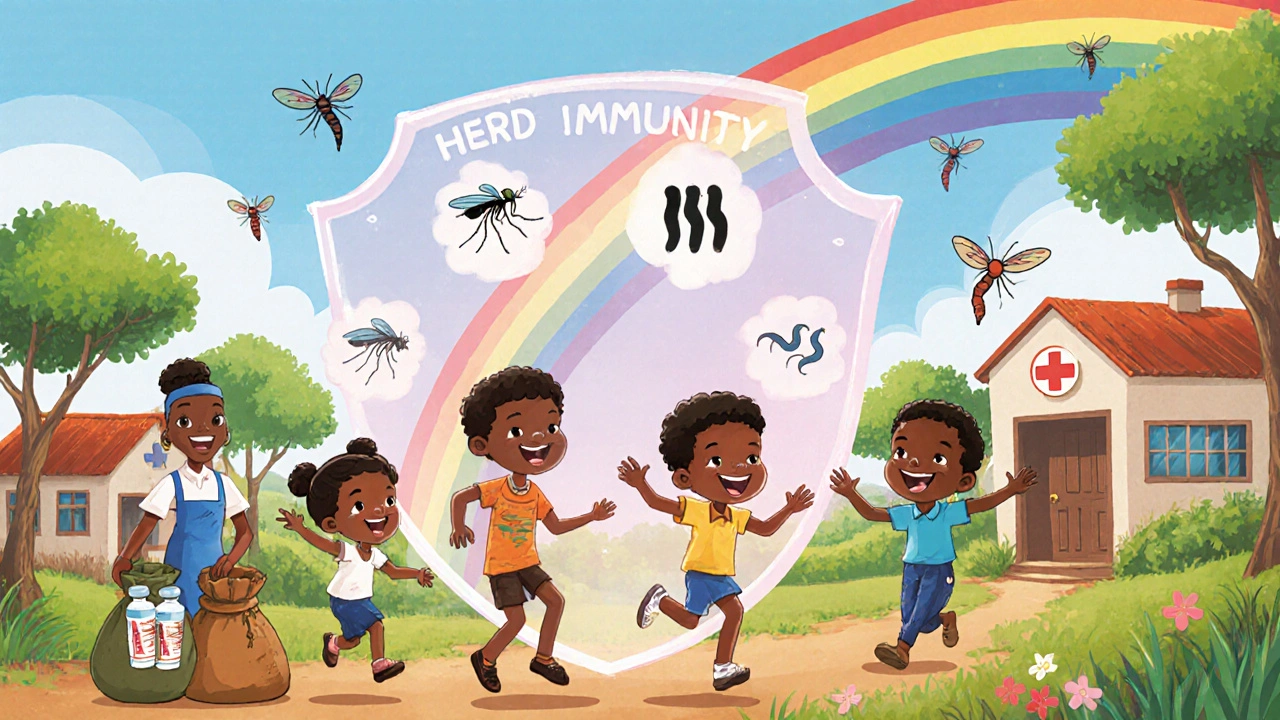 Village children playing under a herd immunity shield with health worker and vaccine icons.