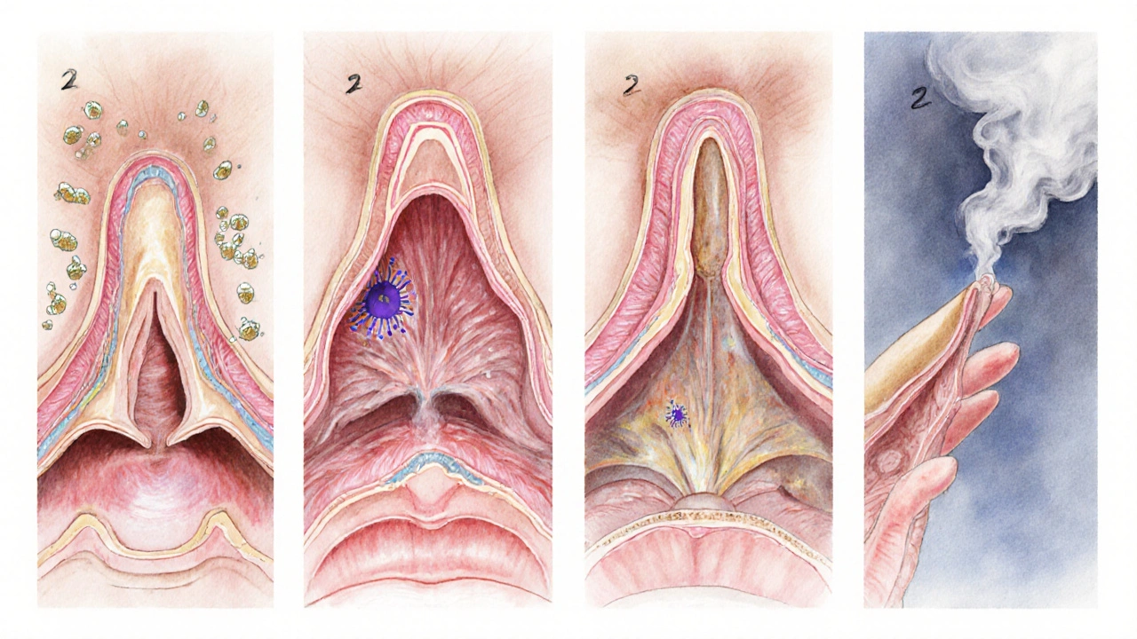 Watercolor illustration of nasal cavity showing four causes of congestion and red eyes.