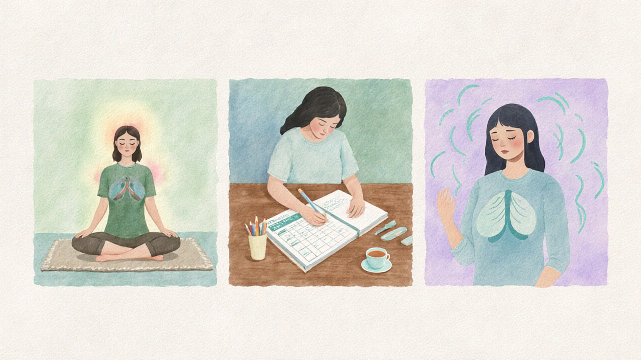 Watercolor triptych showing body scan, journaling, and breathing exercises.